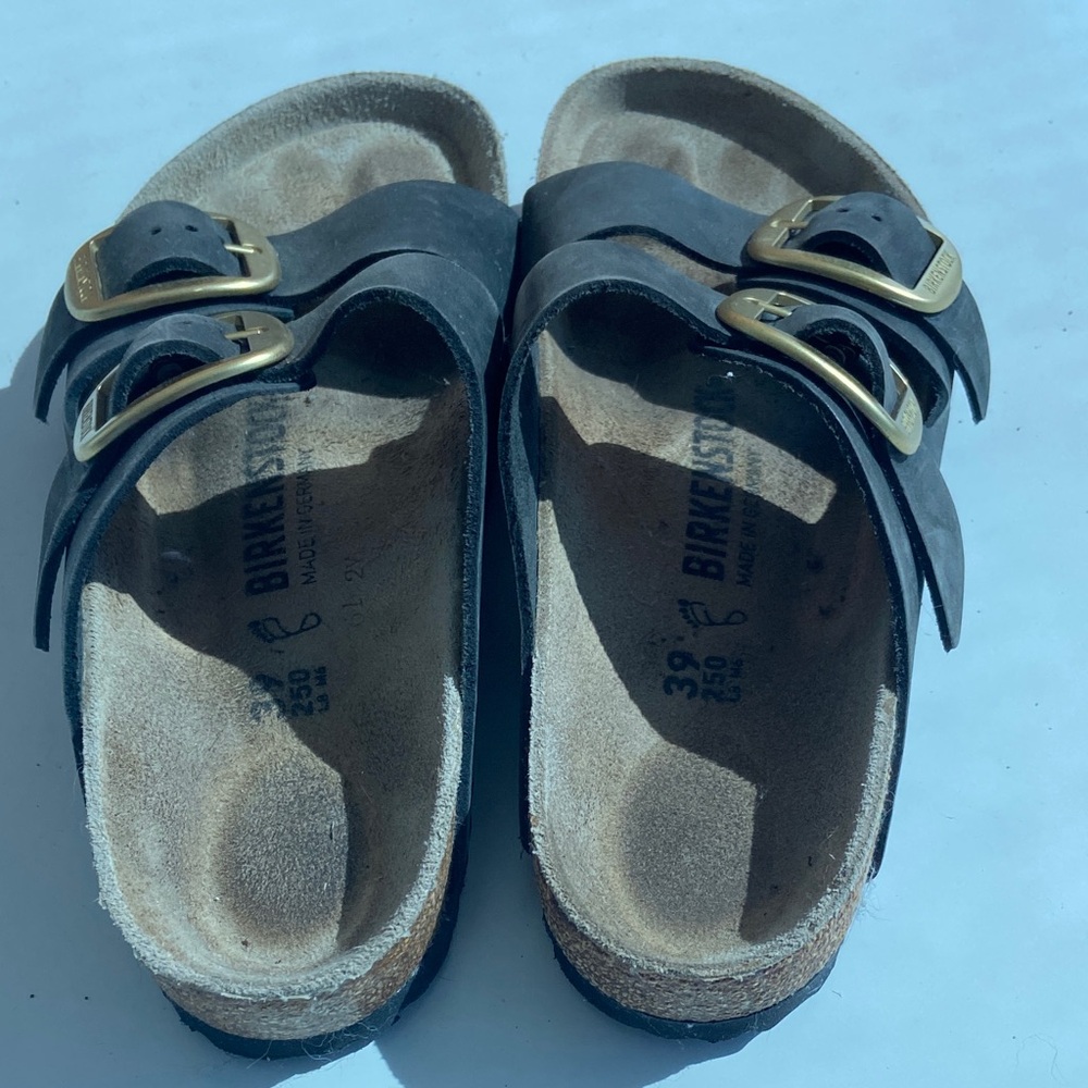 Birkenstock Black Two-Strap Sandals with Gold Buckles - Picture 4 of 5